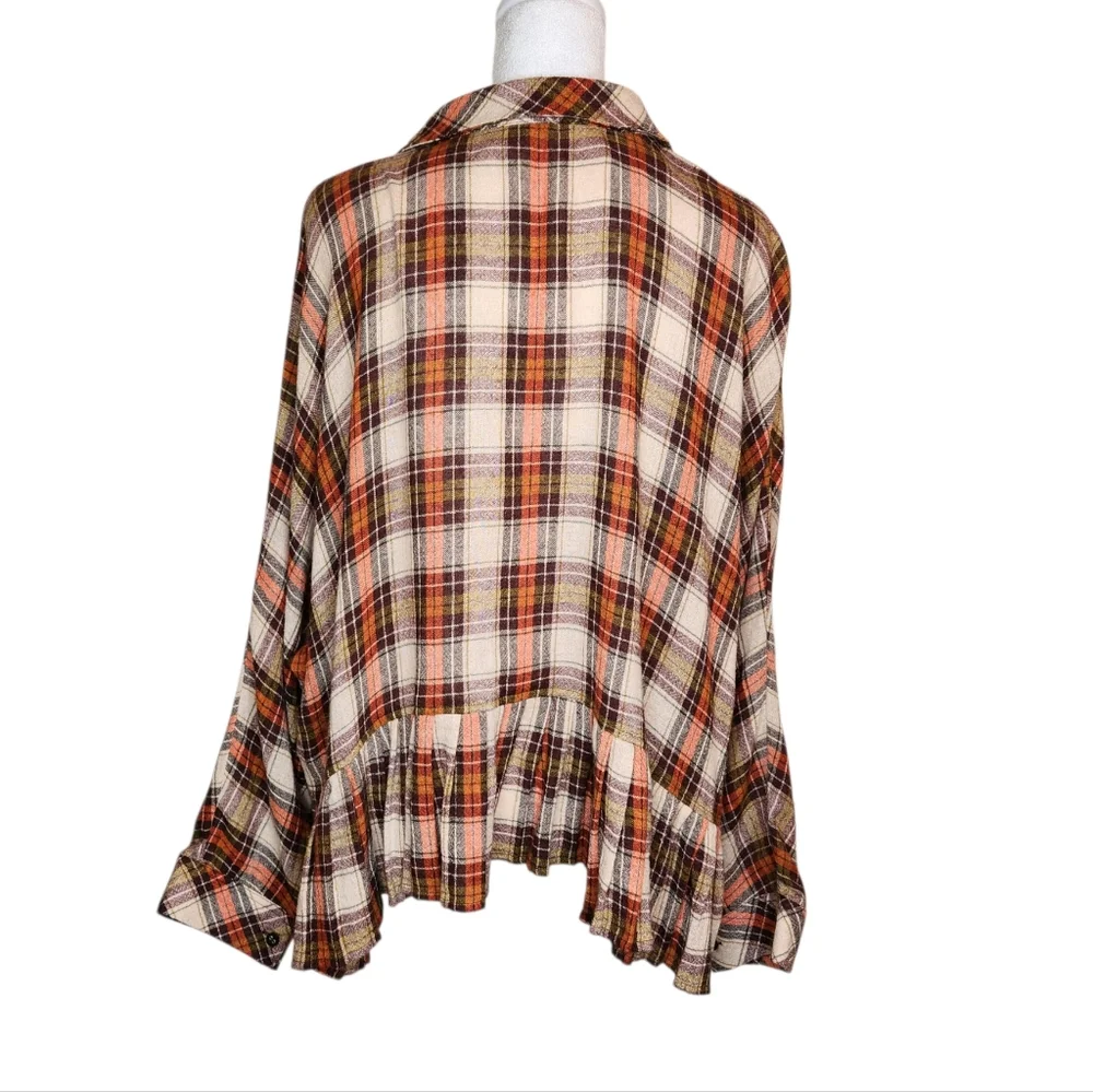 Free People Promise Everything Plaid Wool Blend Cropped Ruffle Top Size Medium
